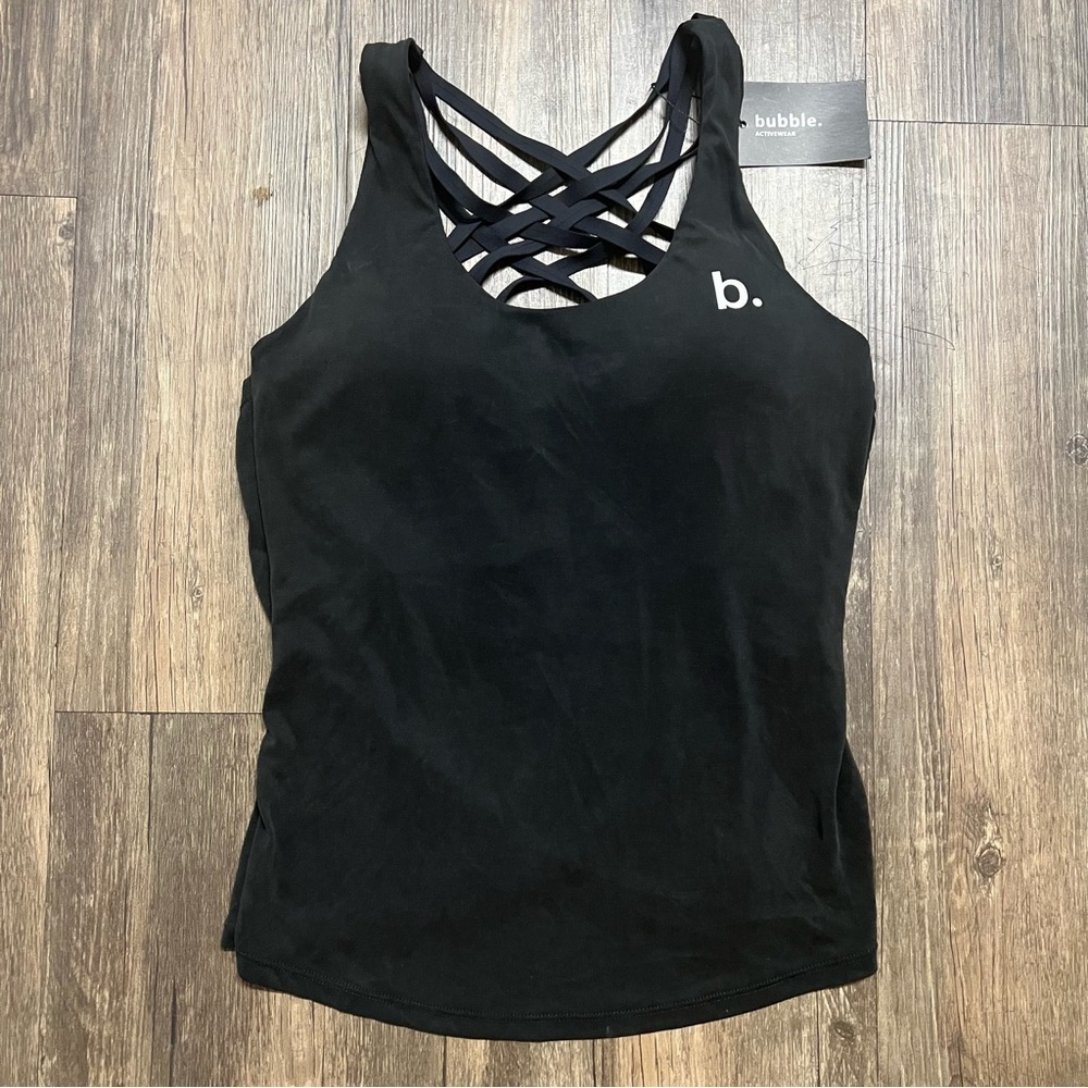 NWT Bubble Activewear Black Built In Padded Bra Crisscross Open Back Tank Top S - Picture 3 of 11